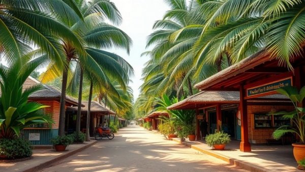 Charming car-free island street with palm trees and thatched huts.