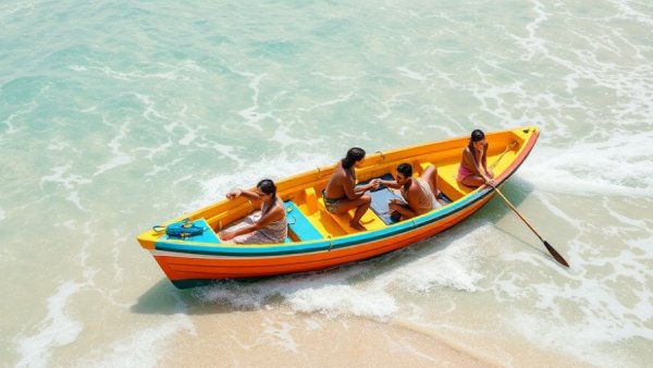 Small boat on Watamu beach with people in sunny setting.