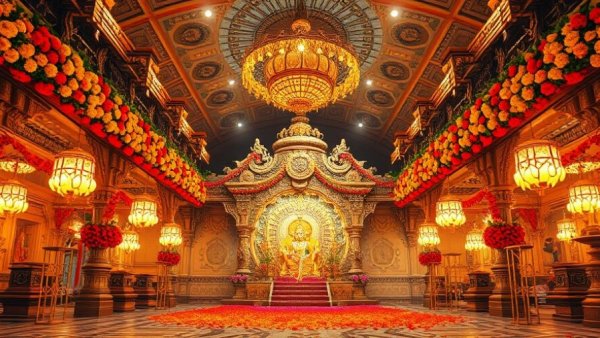 Opulent temple setup in Braj for Vasant Panchami celebrations, rich floral and light decor.