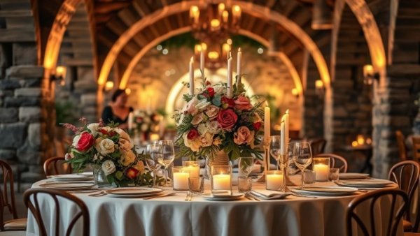 Amalfi Coast wedding table with floral decor and candles.