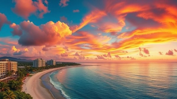 Vibrant beachfront view during sunset, perfect for timeshare presentations.