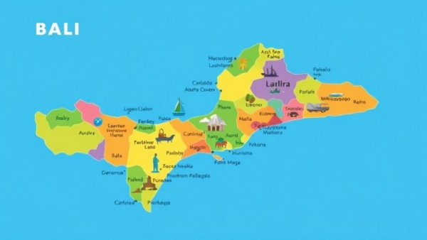 Colorful Bali map highlighting regions and landmarks for 2026 travel guide.