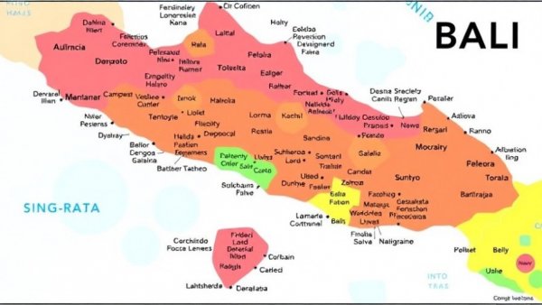 Bali Travel Guide 2026: Colorful map with regions and landmarks.