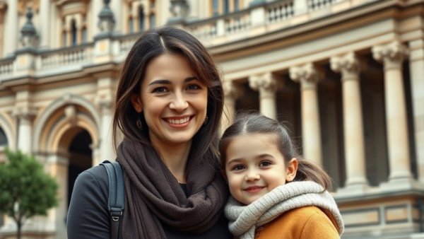 Mother and daughter smiling in front of a historic building.