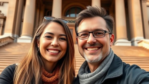 Smiling individuals posing together, architecture background, B.C. cancer care wait times awareness.