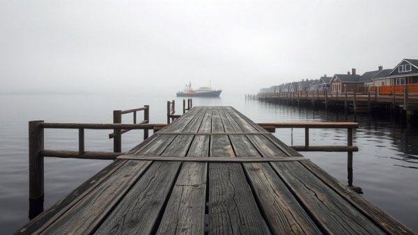 Misty waterfront with abandoned dock and distant houses on Westham Island