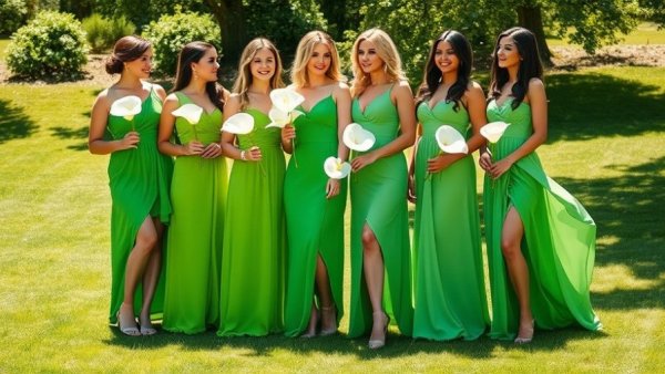 Bridesmaids in green dresses with calla lilies at Gasparilla wedding celebration.