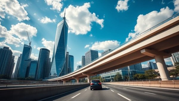 Vancouver viaduct with skyscrapers and car under sunny sky