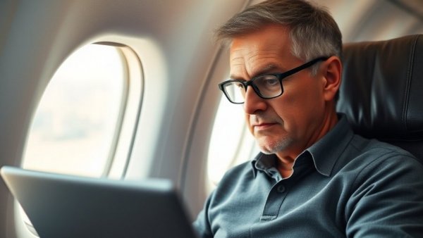 Mature man with travel glasses using laptop on airplane.