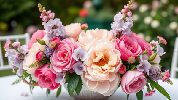 Vibrant wedding floral centerpiece with peonies and delphiniums.