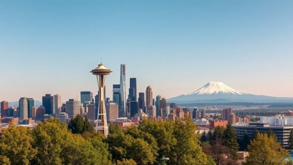 Scenic view of Seattle skyline with Space Needle and Mount Rainier.