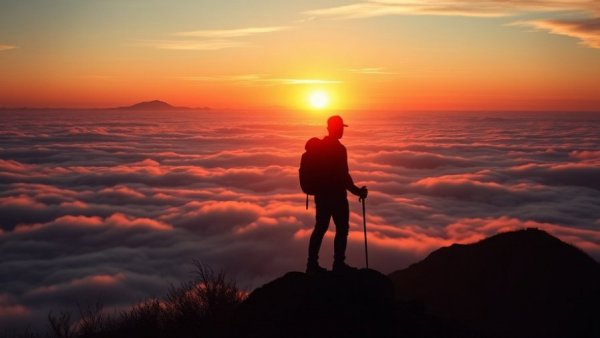 Explorer at a spiritual travel destination during sunrise.