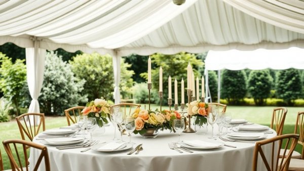 Garden wedding Palm Beach: elegant table under a white tent with candles and flowers.