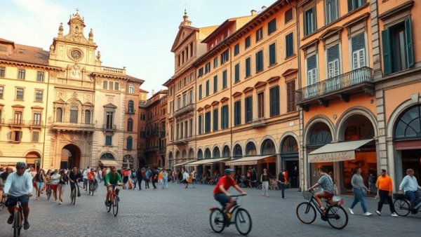 Busy Parma city square with historic buildings and cyclists.