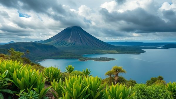 Ometepe Island scenic landscape with volcano and lake.