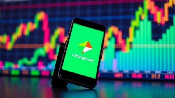 Modern smartphone with Robinhood app and stock market chart in the background.