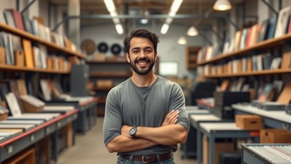Confident individual in Vancouver vinyl record industry workspace.