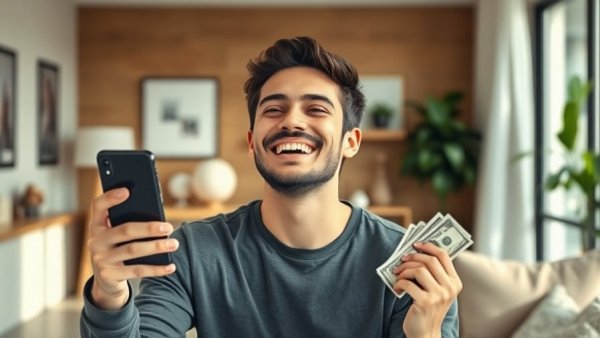 Young man smiling with smartphone and cash, symbolizing Ciena stock growth.