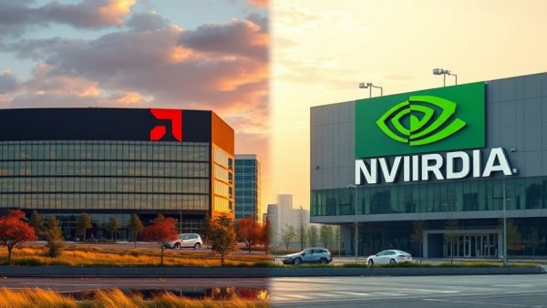AMD and NVIDIA logos with company buildings, highlighting AMD stock growth and potential.