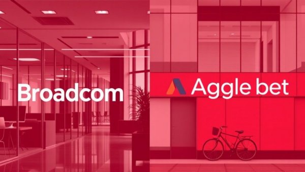 Broadcom and Alphabet logos in a red split design, AI chip solutions.