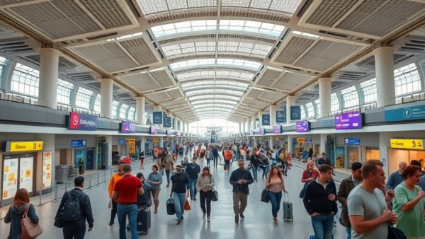 Travelers in a busy airport terminal, best airports for layovers.
