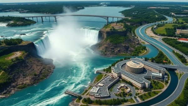 Aerial view of Niagara Falls with casino, highlighting the best casinos in Canada.
