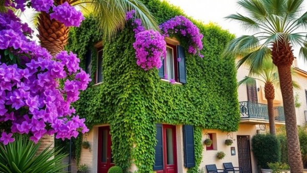 Charming building with ivy and palm trees in Saint-Tropez day trip.