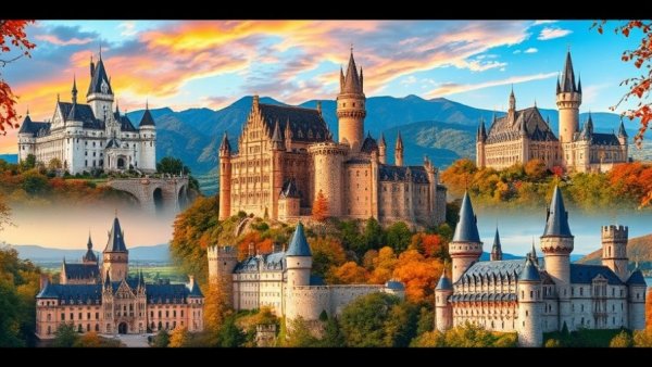 Beautiful castles in Europe, vibrant collage of seven iconic structures.