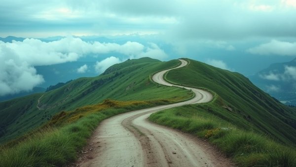 Winding dirt road on Annapurna Base Camp Trek with cloudy sky.