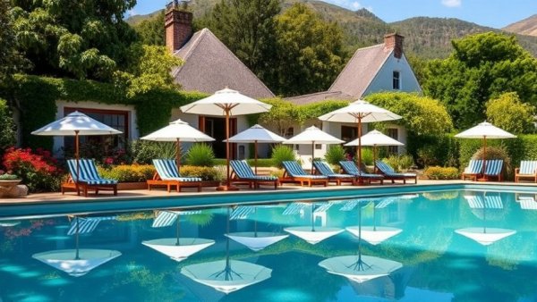 Franschhoek Country House poolside with loungers and parasols in lush garden.