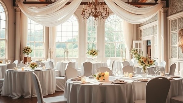 Elegant wedding seating arrangements with draped tables and candles.