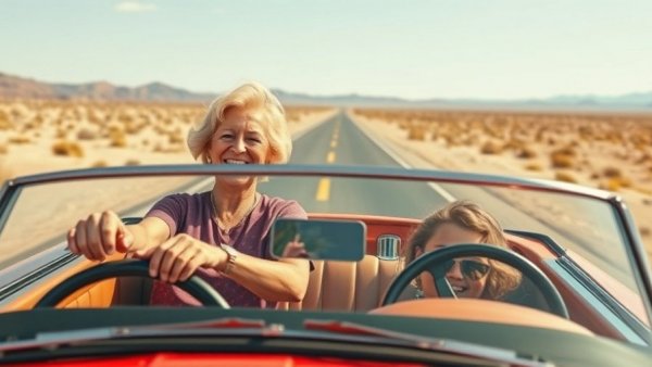 Route 66 adventure with Grandma driving convertible through desert.
