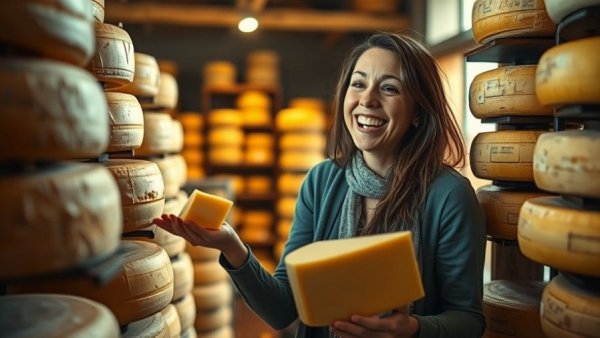 Woman explores cheese shop in South of France, showcasing culinary experiences.