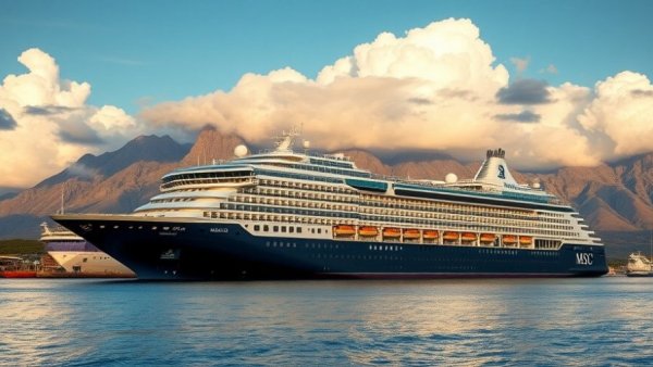 MSC Musica docked at Canary Islands with mountain backdrop.