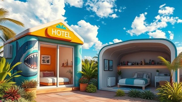 Colorful modern cocoons at CaSoBe resort, cozy interior, daytime setting