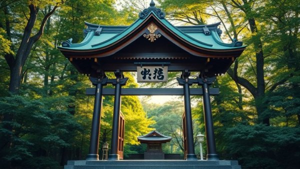 Traditional Japanese shrine in a lush setting, ideal for a one-day Tokyo itinerary.