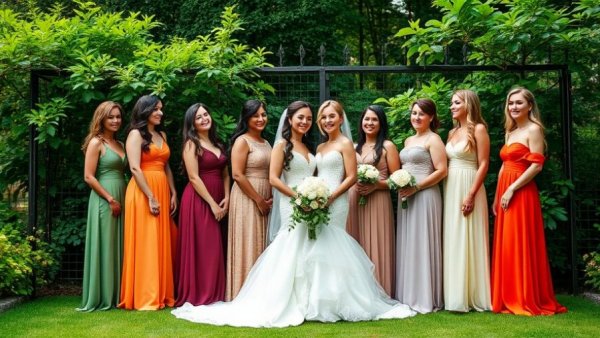 Autumn wedding bridal party in garden with golden aspen hues.