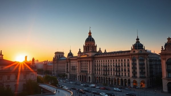 Madrid skyline at sunset showcasing iconic architecture during a weekend in Madrid.