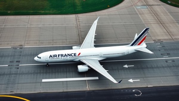 Air France airplane taxiing on runway, Air France KLM Flying Blue Elite Status.
