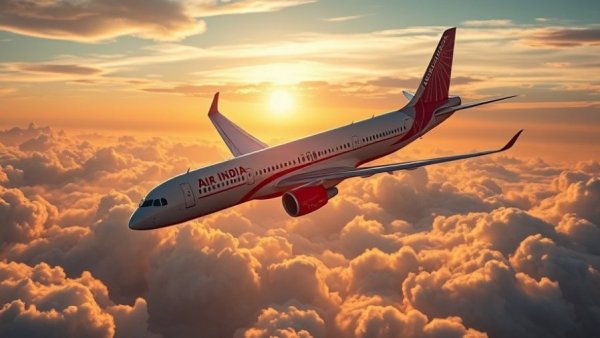 Air India's reset journey captured at sunset, flying above clouds.