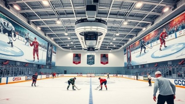 Vancouver Canucks practice facility with players on the ice.