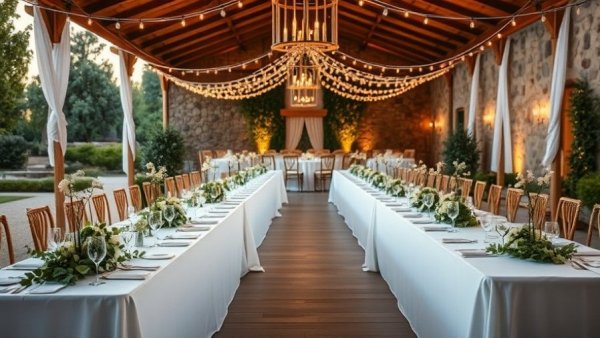 Long table wedding reception setup with elegant decor at a rustic villa.