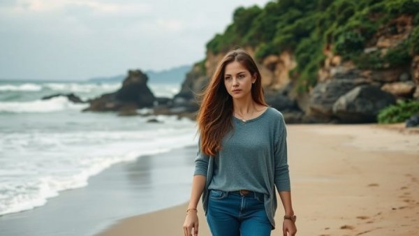 Young woman on a scenic beach in a yellow dress, exploring the coastline.
