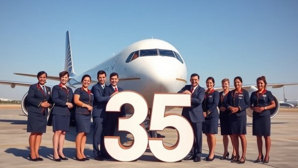 United Airlines staff celebrating 35 years at Heathrow with airplane.