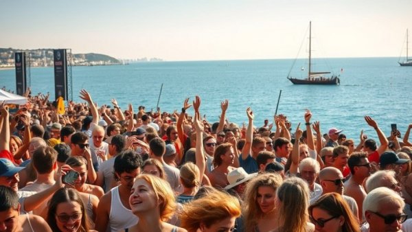 Barcelona music festival crowd by ocean in summer 2026, vibrant scene.
