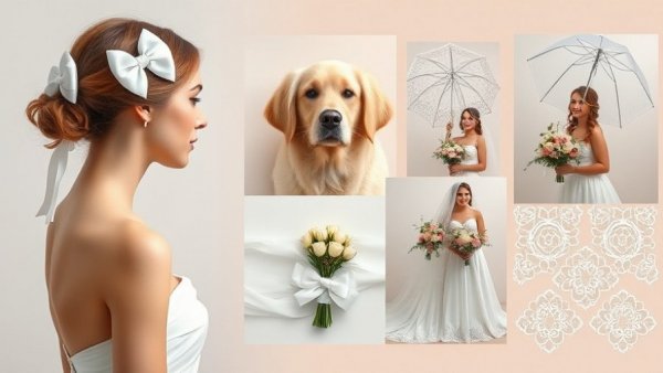 Elegant wedding dress accessories collage with bows and lace.