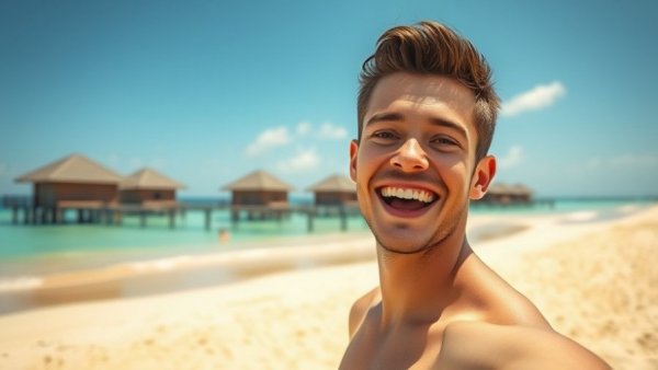 Smiling man on Stilts Calatagan Beach with water bungalows.