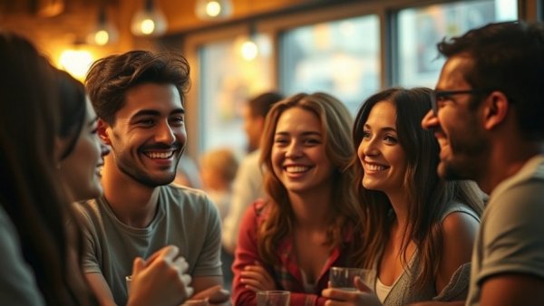 Young adults engaging in conversation at a cafe, showcasing how to start conversations.