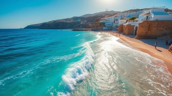 Sunlit Mykonos coastline, perfect for island hopping, vivid summer day