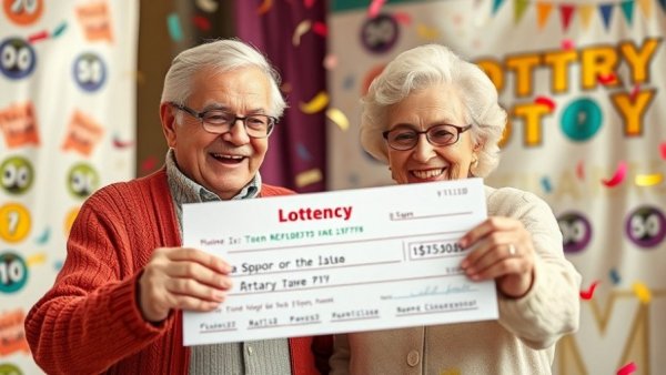 Joyful elderly couple celebrating Canadian lottery win.